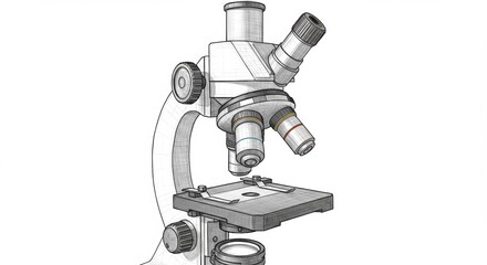 Detailed drawing of a microscope depicting scientific research and laboratory equipment for medical studies and education