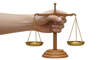 Isolated Hand Holding Wooden Scale of Justice
