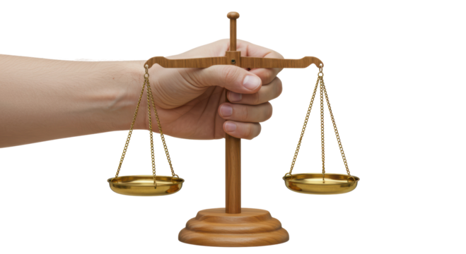 Isolated Hand Holding Wooden Scale of Justice