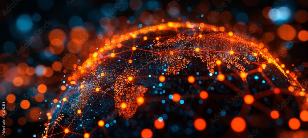 Poster global network and data exchange technology concept demonstrating the world of blockchain