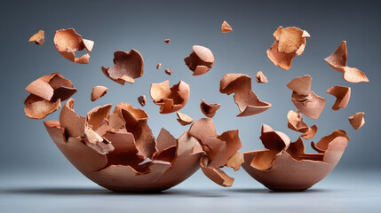 Two brown eggshells are captured mid-break, with fragments suspended in the air against a plain background.