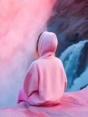 Person sitting on a rock with their back to the camera. the person is wearing a pink hoodie and has blonde hair.