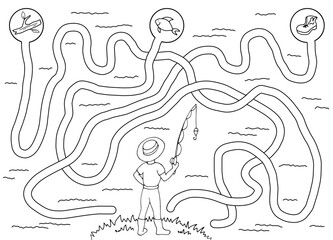 Fishing maze graphic black white sketch illustration vector 
