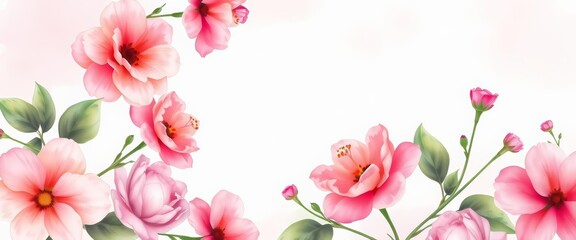 Fototapeta premium Soft pink floral watercolor frame background with delicate brushstrokes, roses, border