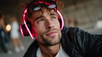 Close-up of a young man with blue eyes wearing neon pink headphones and sunglasses on forehead, looking up thoughtfully