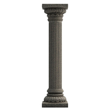 A tall grey stone column with decorative capitals and base isolated on white background