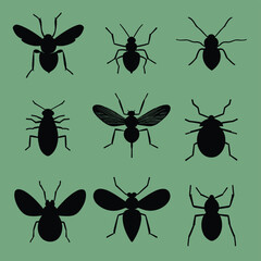Insect Silhouette Collection on Green Background