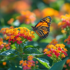 Obraz premium Monarch butterfly gracefully perched on a vibrant flower, showcasing its intricate wings under the warm sunlight in a serene garden setting.