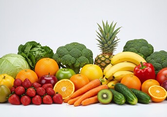Assortment of fresh fruits and vegetables on a white background