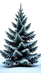 Spruce tree with isolated branches and frost on the ground, winter scene, frosted spruce branches