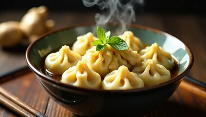 Steaming bowl of dumplings, chopsticks, ginger, cuisine, chicken