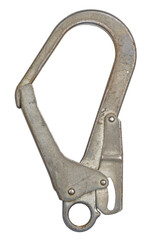 Carabiner for belaying at height on a white background