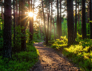 Fototapeta premium serene forest path illuminated by warm glow of sunrise, surrounded by tall trees and lush greenery, creating peaceful and inviting atmosphere