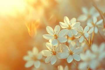 Obraz premium Delicate white flowers bloom in soft, warm light, creating serene and tranquil atmosphere. blurred background enhances beauty of these blossoms, evoking sense of peace and renewal