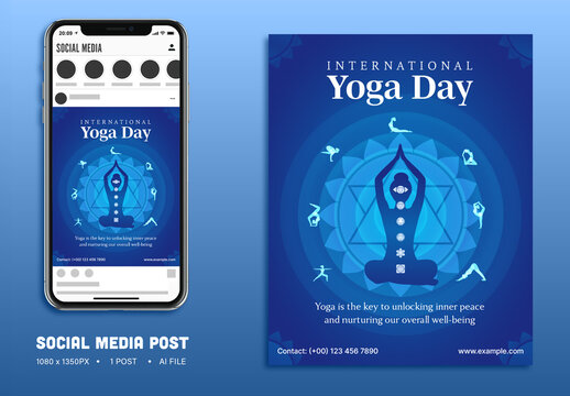 International Yoga Day Editable Social Media Post with Silhouette Female in Various Asana Poses for Promoting Wellness, Mindfulness and Healthy Living.