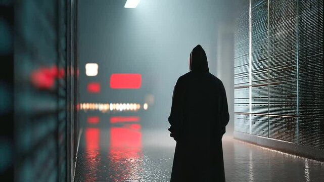 Hacker in a Rainy Digital Alley with Flickering Alerts