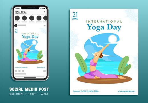 International Yoga Day Editable Social Media Post with Illustration of Woman in Yoga Pose for Fitness and Wellness on 21 June.