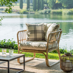 cozy outdoor seating area featuring stylish rattan chair with cushions, set by serene lake surrounded by greenery. scene evokes relaxation and tranquility