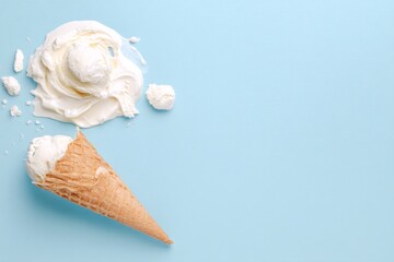 Summer ice cream: A top-down view captures a moment of sweet disaster with a fallen ice cream cone, showcasing the cold treat on a pastel background, perfect for food-related projects.