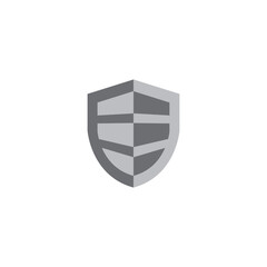 Vector illustration of a modern shield icon designed with geometric shapes in grayscale. This minimalist and abstract design symbolizes protection, security, privacy, and defense