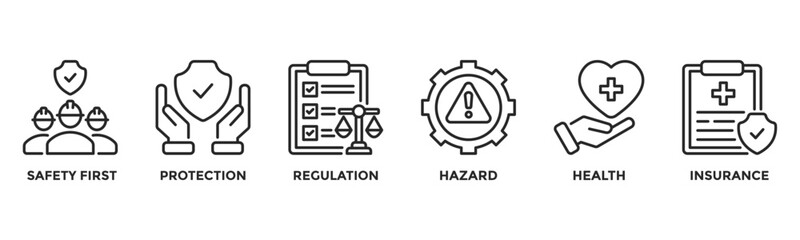 Banner work safety concept, hazards, protections, health and regulations with keywords and icons