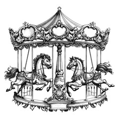 Striped canopy, vintage carousel logo, ornate horses, black sketch, old engraving style, vector art, nostalgic fairground, retro amusement ride, whimsical carnival illustration © Vintage Studio