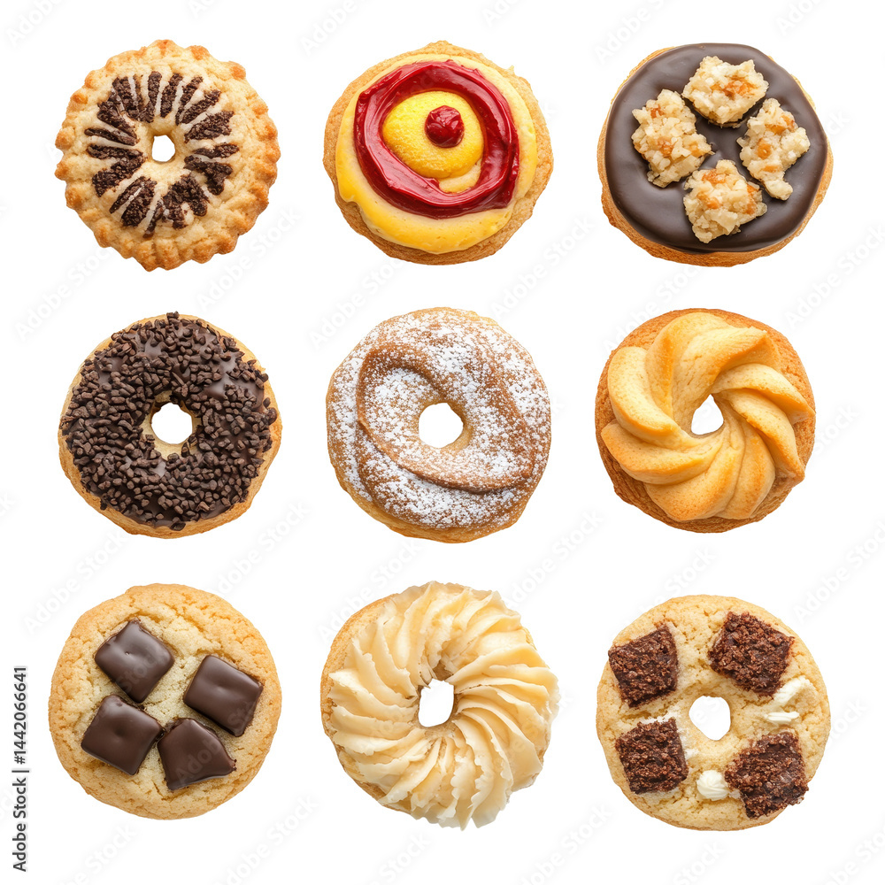 Poster Delicious assortment of cookies with various toppings displayed on a transparent background for a sweet treat selection, cookies with various toping top view isolated on transparent background