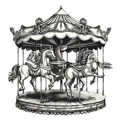 Ornate horses, vintage carousel logo, striped canopy, vector art, old engraving style, black sketch, antique fairground ride, classic amusement park, nostalgic vintage design © Vintage Studio