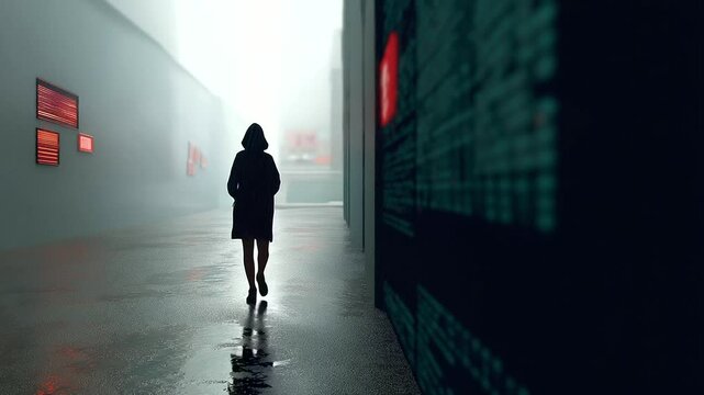 Hacker in Digital Alley Under Rain with Red Alert Signs