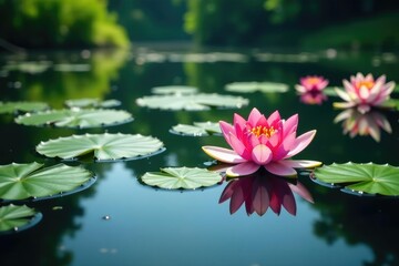 Water lilies create a floral pattern on still lake water, natural, nature