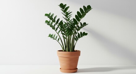 Obraz premium ZZ plant in a terracotta pot against a white wall adding life to indoor spaces and modern interior design with its natural green foliage