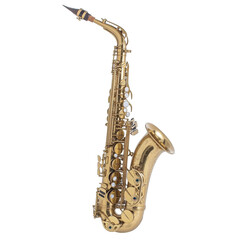 Naklejka premium A polished gold alto saxophone, angled to show its keys and bell, presented against a dark background with muted colors.