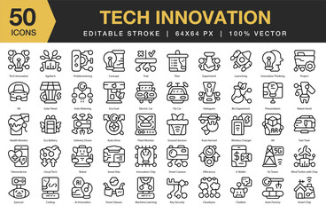 Tech Innovation icon set. Editable Stroke Icon Collection. Includes innovation, technology, digital, futuristic, science, network, and More. Outline icons vector collection.