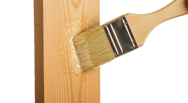 Isolated Wood Glue Being Applied to a Wooden Surface with a Brush for Carpentry