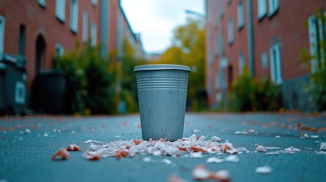Urban discarded cup amidst scattered debris