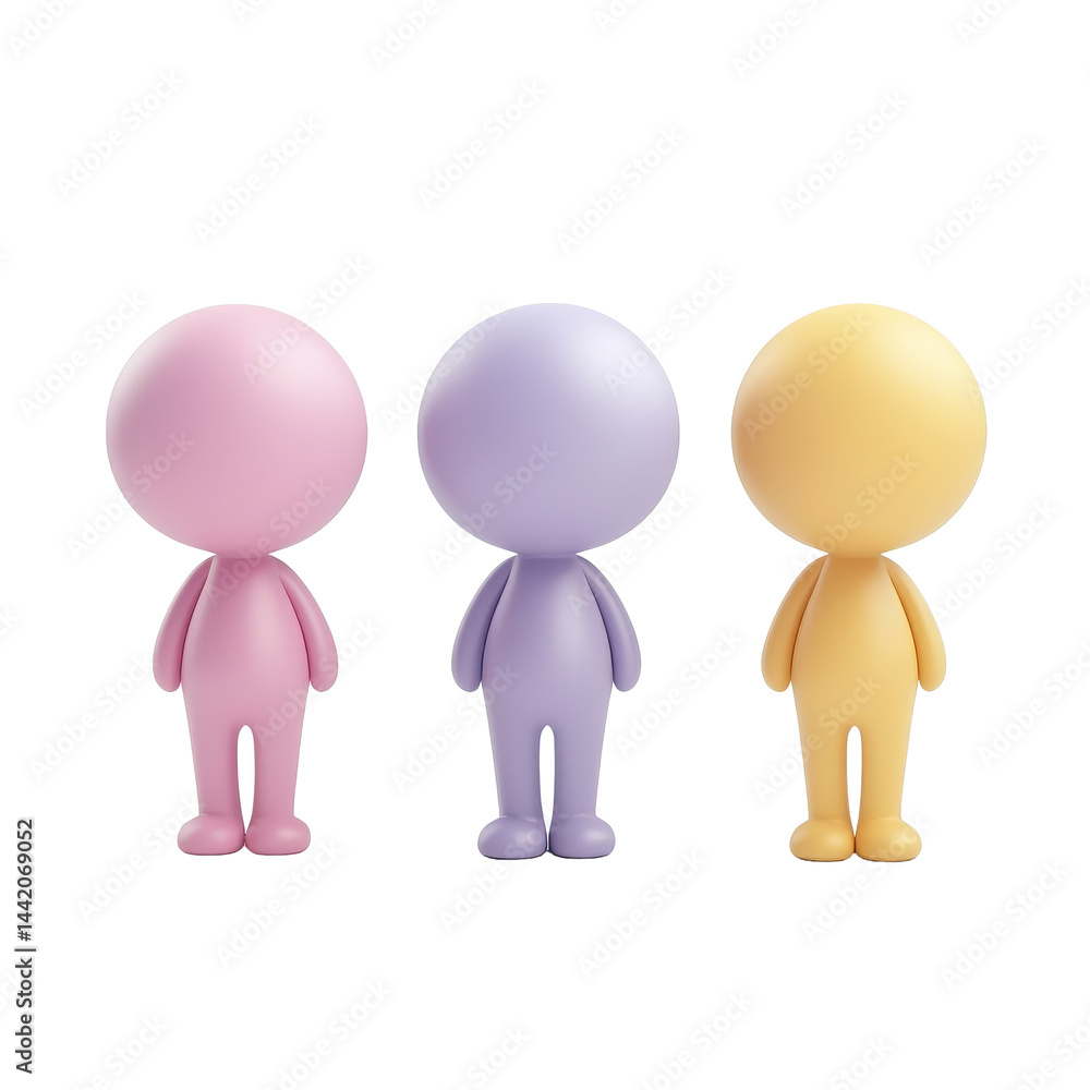Poster three minimal icon figures in pastel colors with speech bubbles in a bright, light setting, 3d minim