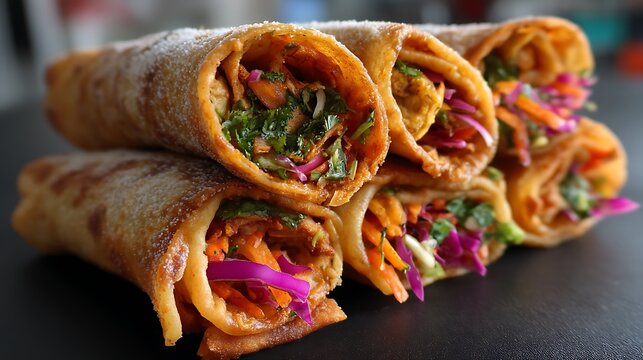 Another shot of crispy kathi rolls, showcasing the spicy filling wrapped in flaky paratha, with crunchy vegetables adding a satisfying texture to this popular street food. 