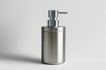 Stainless steel soap dispenser mounted on a white tiled wall in a modern bathroom setting.