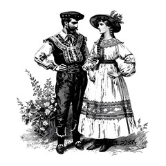 Vintage engraving of Ukrainian couple, traditional folk costumes, old black sketch art, retro cultural fashion, hand-drawn heritage, ethnic dress illustration, historic village scene