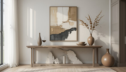 Minimalistic console table with abstract art, natural decor elements, and clean lines creating a modern, sophisticated atmosphere, perfect for stylish contemporary interior design inspiration.