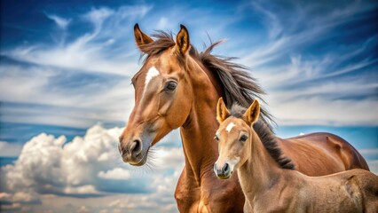 Obraz premium Majestic Night: Mare & Foal Silhouette, Low Light Horse Photography, Dark Sky, Starry Night, Equine Love
