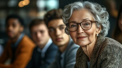 Obraz premium An elderly woman leads a discussion with a group of young men in a modern office environment, demonstrating mentorship and the breaking of traditional barriers in business