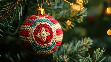 Ornate crochet Christmas ornament hanging on a tree.