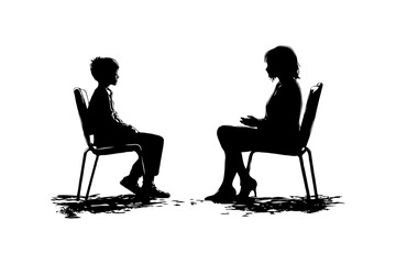 Fototapeta premium Two people talking, silhouette style, on white background. Concept of communication. Concept of psychotherapy session