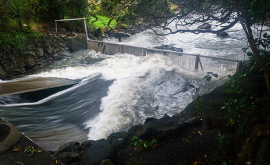 Stormwater gushing down the Wairua stream in the rain and mist. Heavy rain in Auckland.