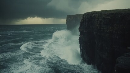 A dramatic view of crashing waves against a rugged cliff under an overcast sky. The power of nature is beautifully captured. Experience the serene yet wild beauty of the coast. Generative AI
