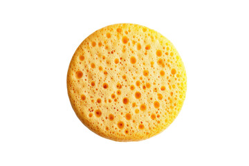 A textured yellow sponge round and porous detailed macro shot against a bright white background