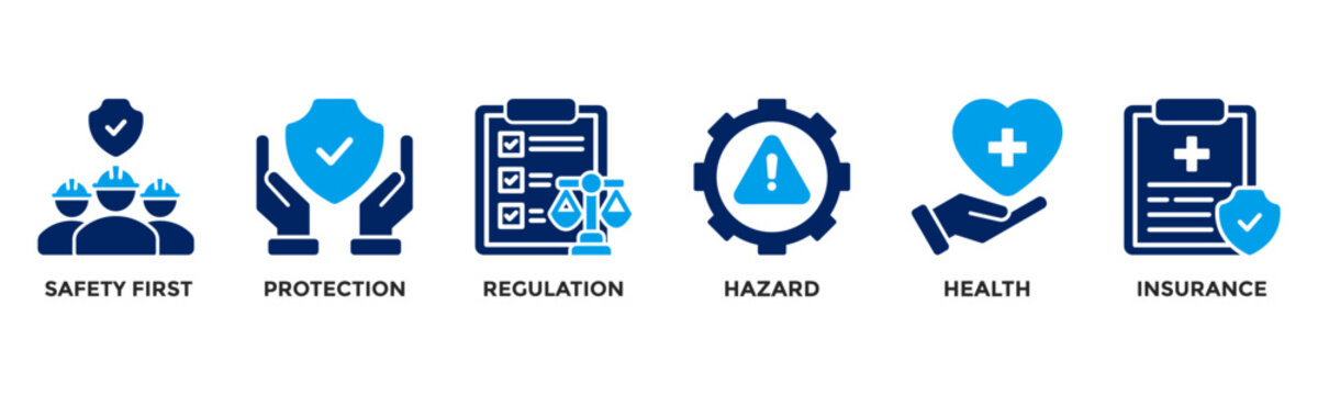 Banner work safety concept, hazards, protections, health and regulations with keywords and icons