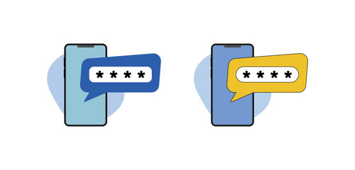 Fototapeta premium Mobile Device with Encrypted Password Input in Speech Bubble – Flat Security Access Illustration on White and Blue Background