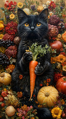 A black and white tuxedo cat sitting in a vegetable garden